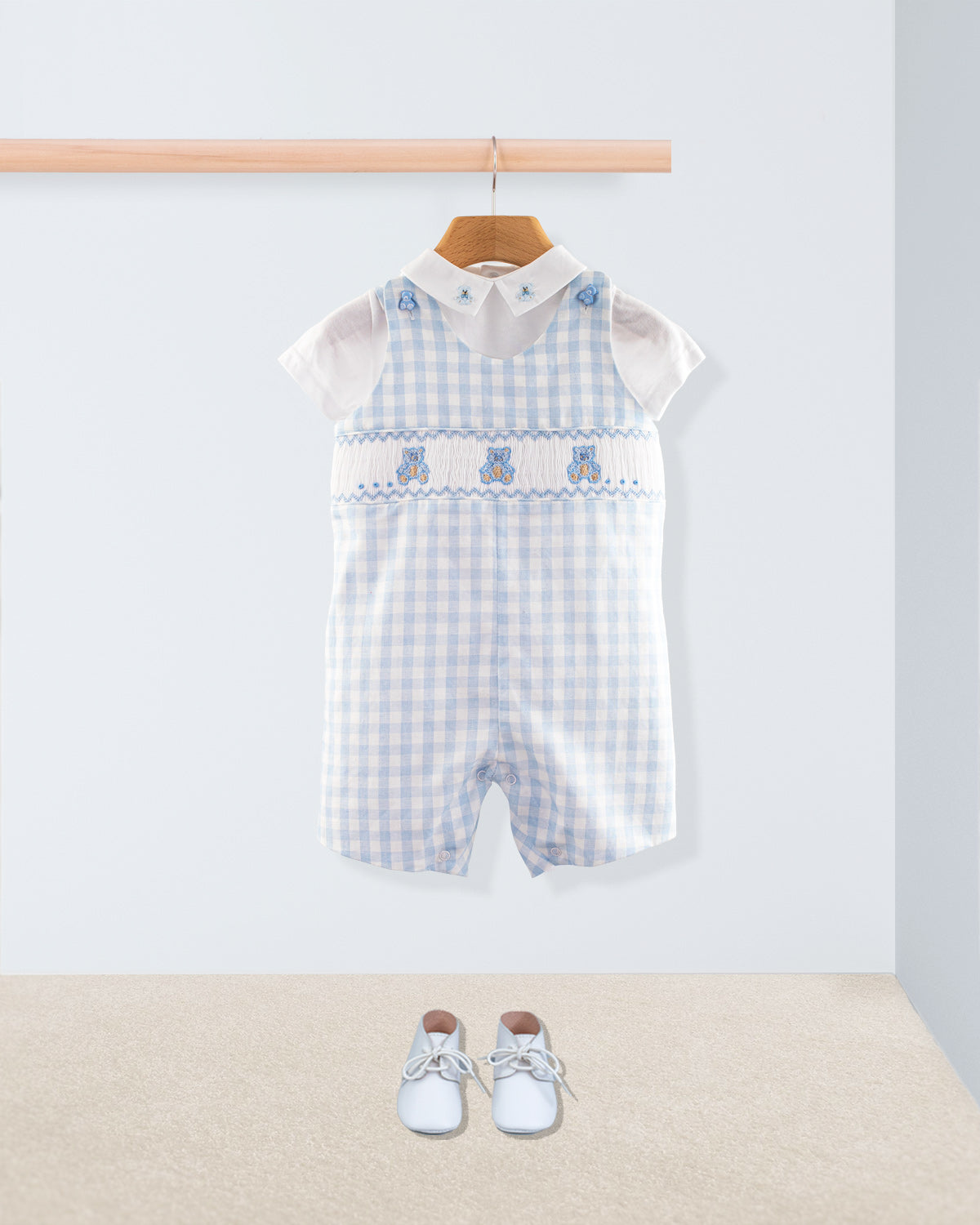 Bear Blue Gingham Linen Smocked Romper